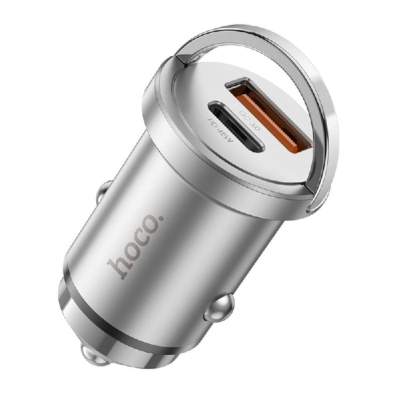 Įkroviklis automobilinis HOCO NZ10 45W (1xUSB 1xUSB-C) sidabrinis